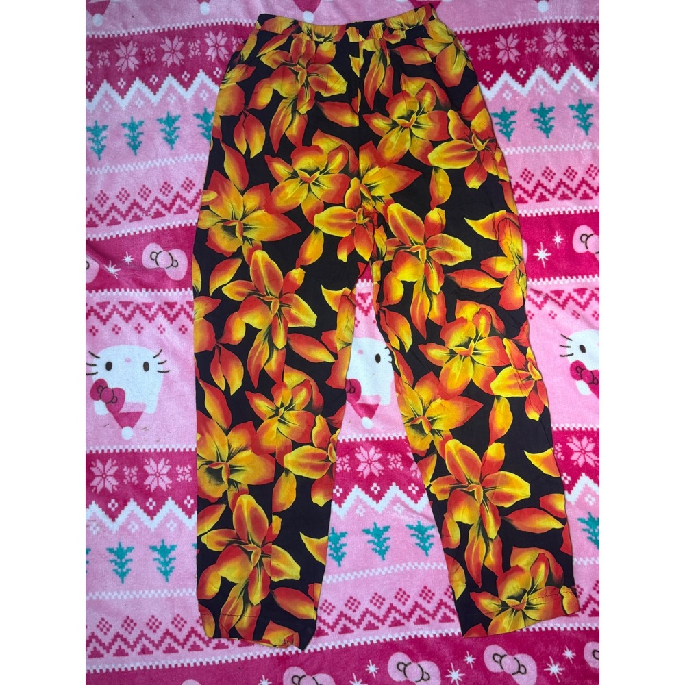 Studio C Womens Small Tropical Floral Rayon Pants Orange Yellow Black Elastic - Picture 5 of 7